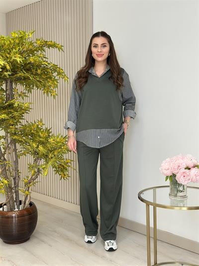 Çizgili Gömlek Detaylı Modal Kumaş Takım Haki