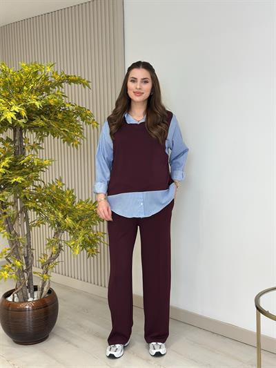 Çizgili Gömlek Detaylı Modal Kumaş Takım Bordo