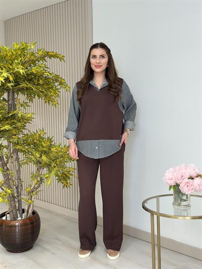 Çizgili Gömlek Detaylı Modal Kumaş Takım Kahve
