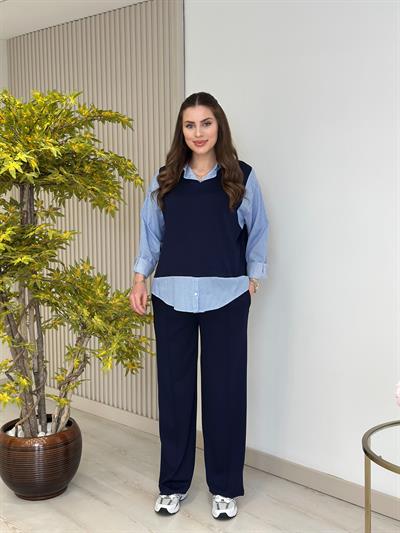Çizgili Gömlek Detaylı Modal Kumaş Takım Lacivert
