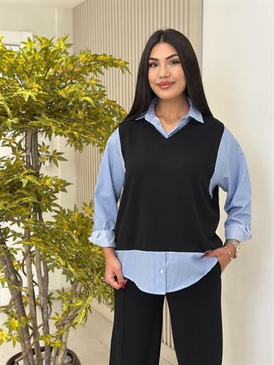 Çizgili Gömlek Detaylı Modal Kumaş Takım Siyah 