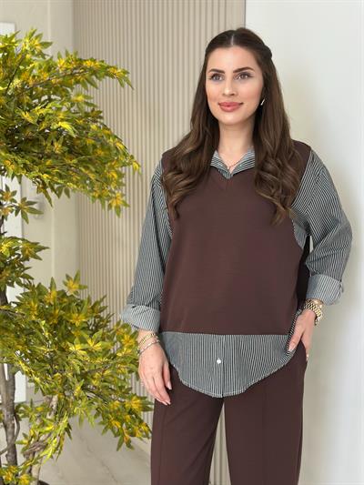 Çizgili Gömlek Detaylı Modal Kumaş Takım Kahve