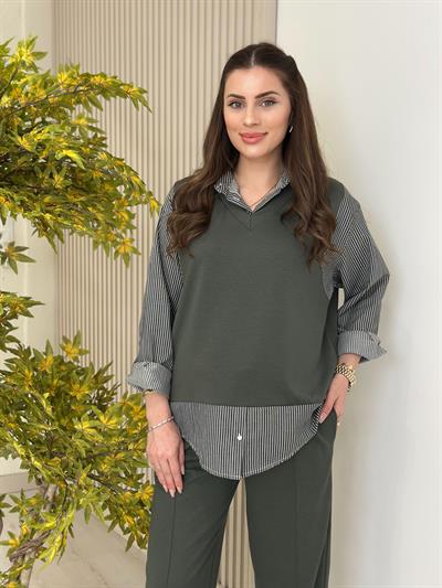 Çizgili Gömlek Detaylı Modal Kumaş Takım Haki
