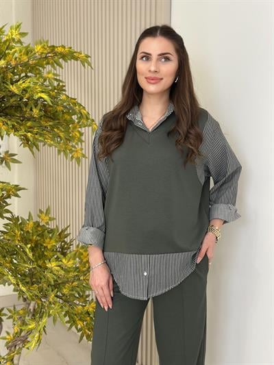 Çizgili Gömlek Detaylı Modal Kumaş Takım Haki