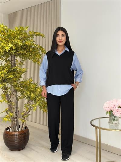 Çizgili Gömlek Detaylı Modal Kumaş Takım Siyah 