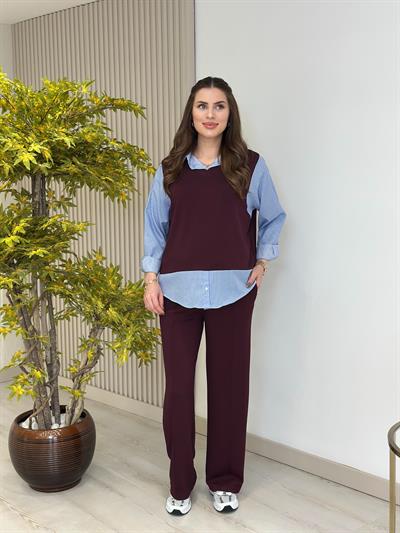 Çizgili Gömlek Detaylı Modal Kumaş Takım Bordo