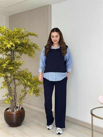 Çizgili Gömlek Detaylı Modal Kumaş Takım Lacivert