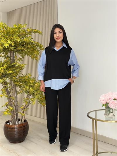 Çizgili Gömlek Detaylı Modal Kumaş Takım Siyah 