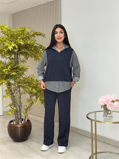 Çizgili Gömlek Detaylı Modal Kumaş Takım Antrasit