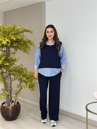 Çizgili Gömlek Detaylı Modal Kumaş Takım Lacivert