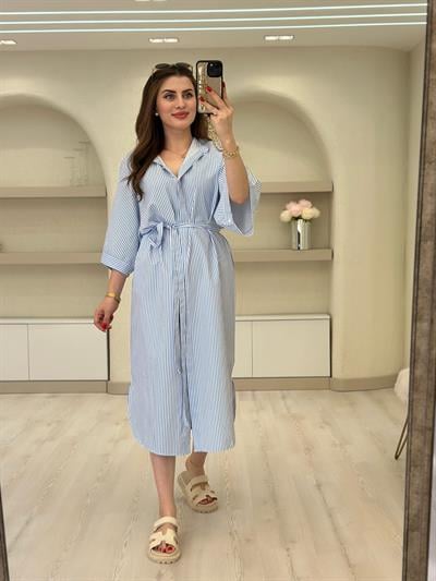 Çizgili Kimono Elbise Mavi