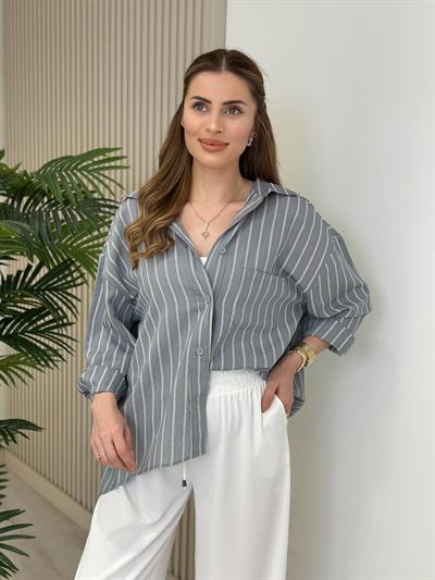 Çizgili Salaş Bambu Gömlek Gri