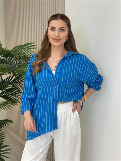 Çizgili Salaş Bambu Gömlek Mavi