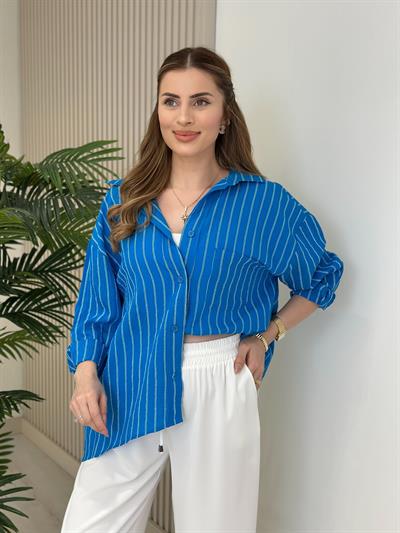 Çizgili Salaş Bambu Gömlek Mavi