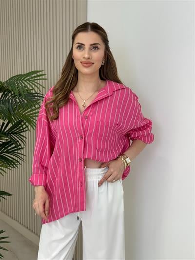 Çizgili Salaş Bambu Gömlek Pembe