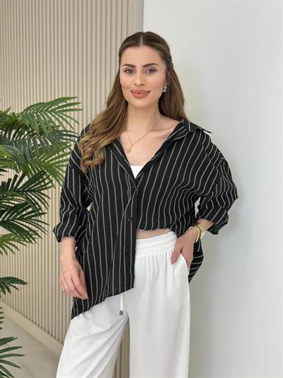 Çizgili Salaş Bambu Gömlek Siyah