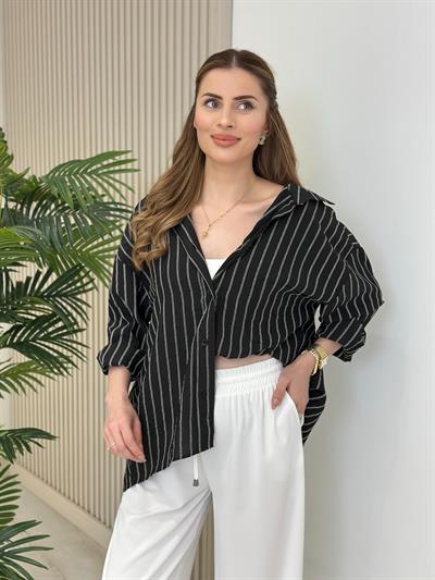 Çizgili Salaş Bambu Gömlek Siyah