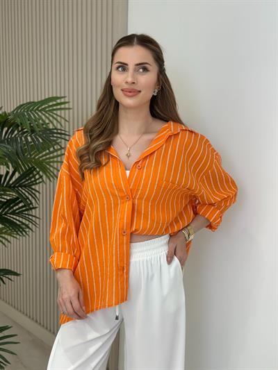 Çizgili Salaş Bambu Gömlek Turuncu
