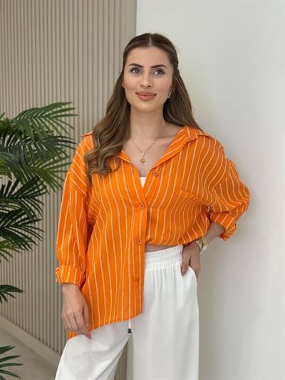 Çizgili Salaş Bambu Gömlek Turuncu