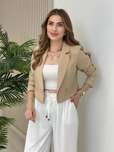 Crop Düğmeli Astarlı Ceket Bej