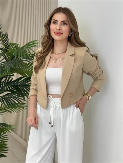 Crop Düğmeli Astarlı Ceket Bej
