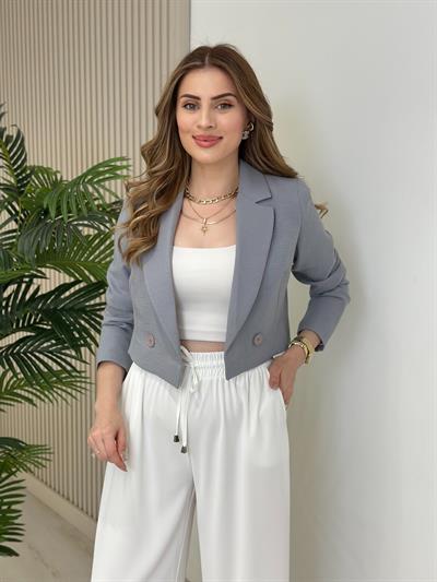 Crop Düğmeli Astarlı Ceket Gri