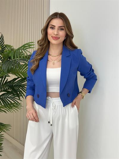 Crop Düğmeli Astarlı Ceket Mavi