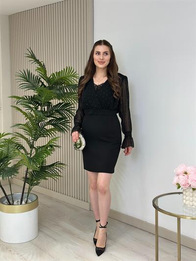 Dantel Atletli Taşlı Atlas Kumaş Elbise Siya