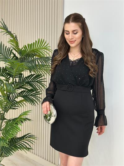 Dantel Atletli Taşlı Atlas Kumaş Elbise Siya