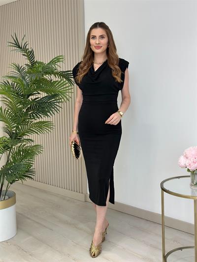 Degaje Yaka Buzzy Kumaş Vatkalı Elbise Siyah