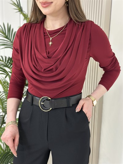 Degaje Yaka Likralı Sandy Kumaş Bluz Bordo