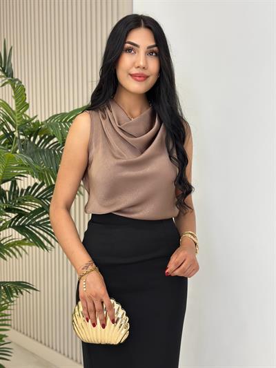 Degaje Yaka Pamuk Saten Premium Kalite Bluz Kahve