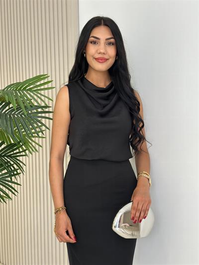 Degaje Yaka Pamuk Saten Premium Kalite Bluz Siyah