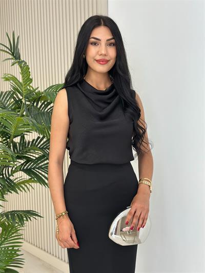 Degaje Yaka Pamuk Saten Premium Kalite Bluz Siyah