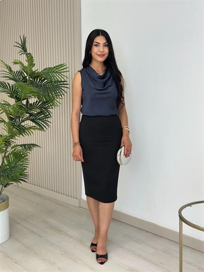 Degaje Yaka Pamuk Saten Premium Kalite Bluz Lacivert