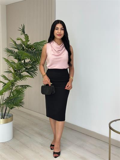 Degaje Yaka Pamuk Saten Premium Kalite Bluz Pudra