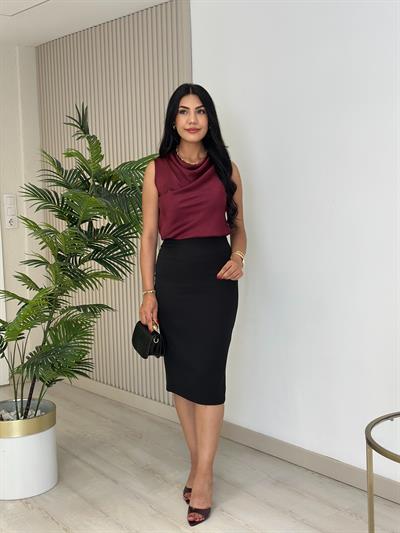 Degaje Yaka Pamuk Saten Premium Kalite Bluz Bordo