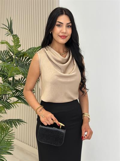 Degaje Yaka Pamuk Saten Premium Kalite Bluz Vizon