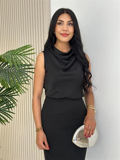 Degaje Yaka Pamuk Saten Premium Kalite Bluz Siyah