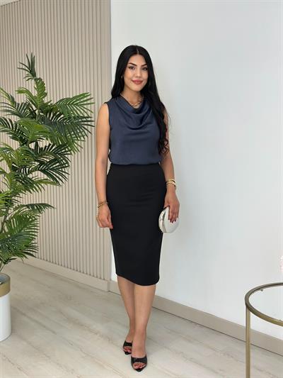 Degaje Yaka Pamuk Saten Premium Kalite Bluz Lacivert