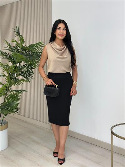 Degaje Yaka Pamuk Saten Premium Kalite Bluz Vizon