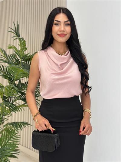 Degaje Yaka Pamuk Saten Premium Kalite Bluz Pudra