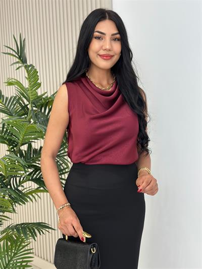 Degaje Yaka Pamuk Saten Premium Kalite Bluz Bordo