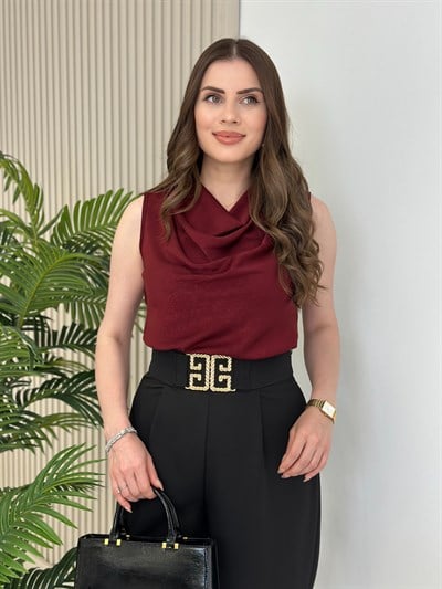 Degaje Yaka Pamuk Saten Premium Kalite Bluz Bordo