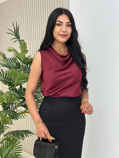 Degaje Yaka Pamuk Saten Premium Kalite Bluz Bordo