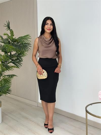 Degaje Yaka Pamuk Saten Premium Kalite Bluz Kahve