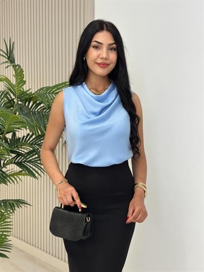 Degaje Yaka Pamuk Saten Premium Kalite Bluz Bebe Mavi