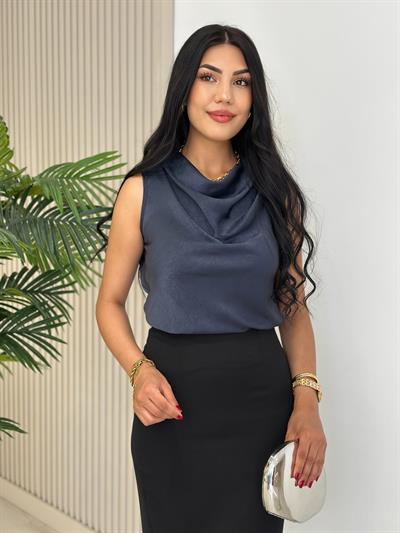 Degaje Yaka Pamuk Saten Premium Kalite Bluz Lacivert