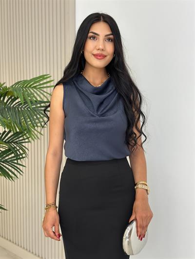 Degaje Yaka Pamuk Saten Premium Kalite Bluz Lacivert
