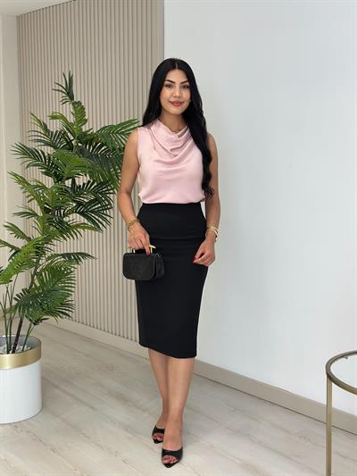 Degaje Yaka Pamuk Saten Premium Kalite Bluz Pudra